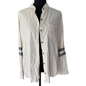 Hollister Womens Cream Button Down Shirt Varsity Stripe Sleeve Viscose Stretch M